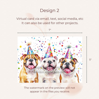 Digital download birthday card with a bulldog design, great for celebrating special occasions.