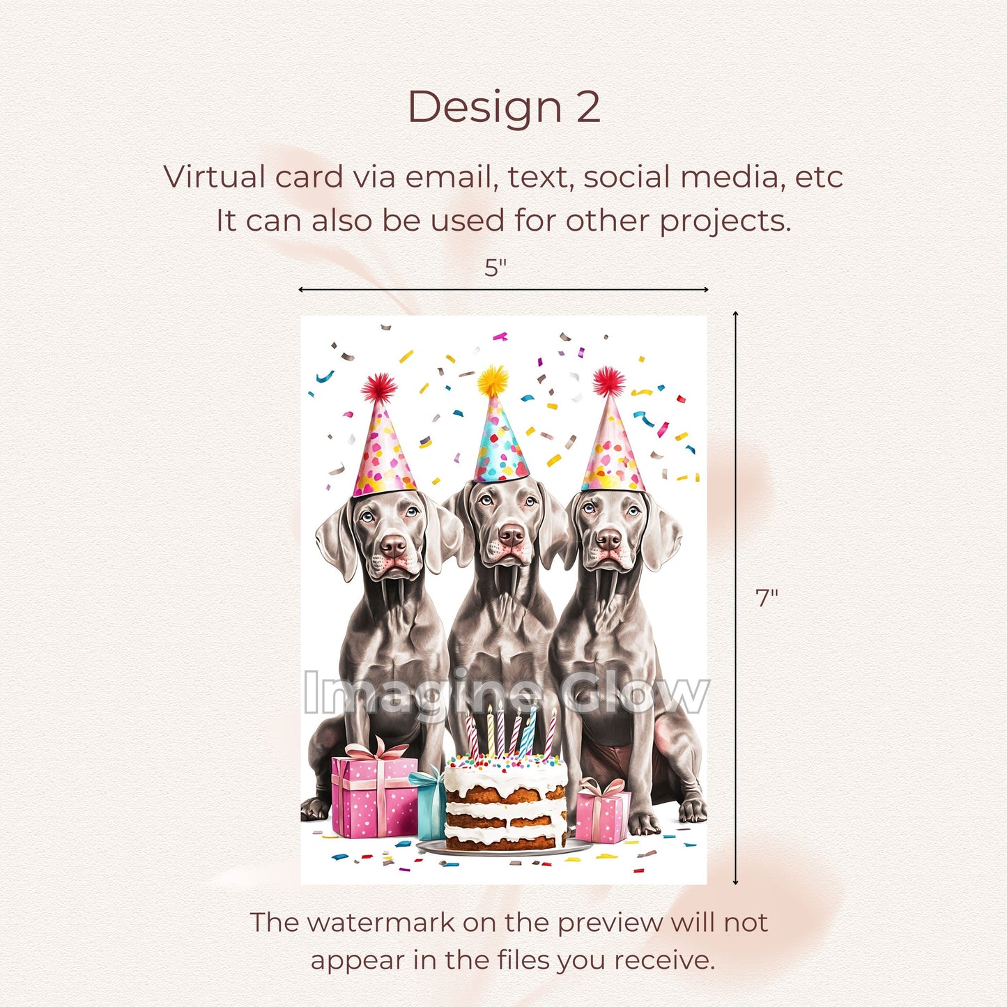 Weimaraner dogs birthday greeting card with party decorations, ideal for dog-themed birthdays