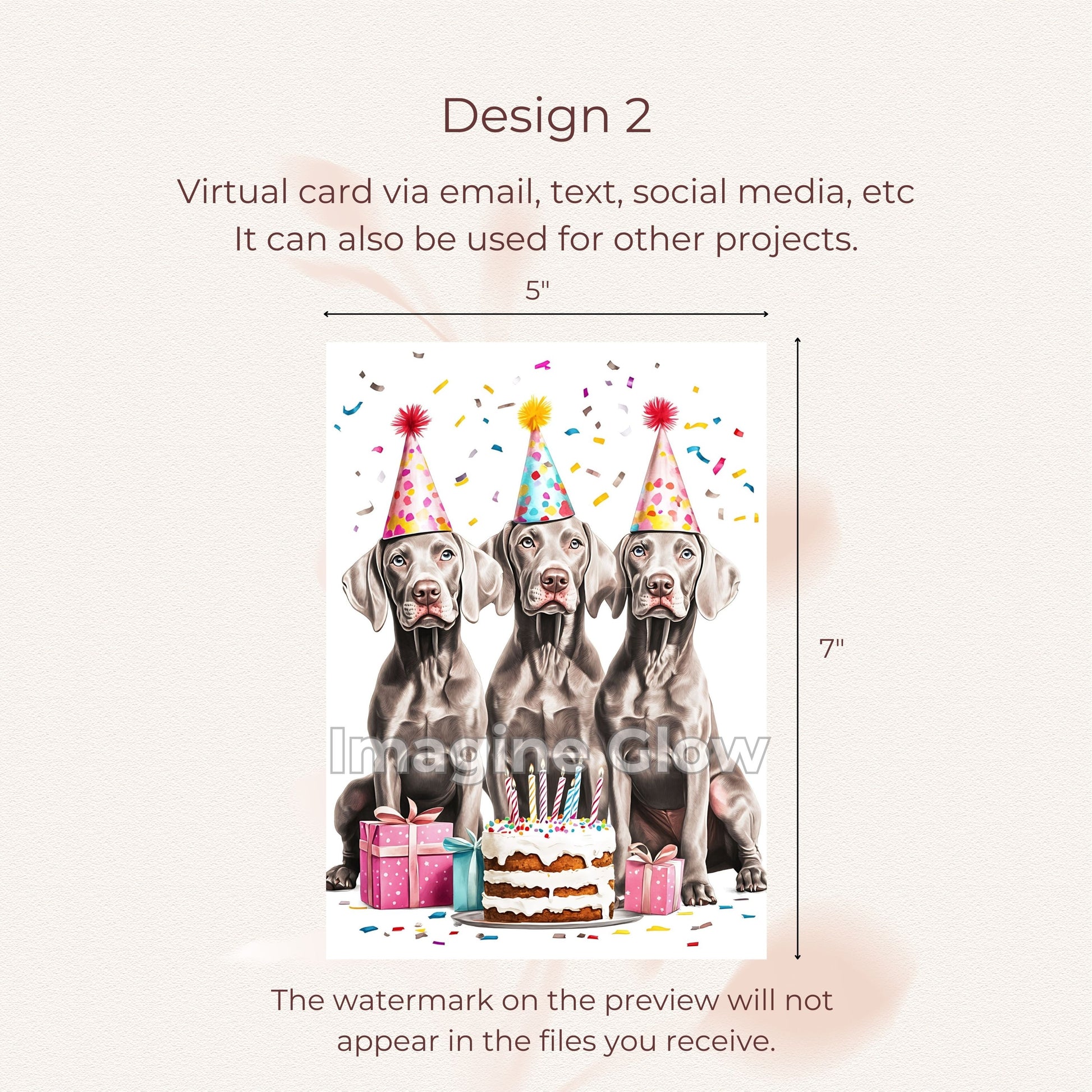 Weimaraner dogs birthday greeting card with party decorations, ideal for dog-themed birthdays