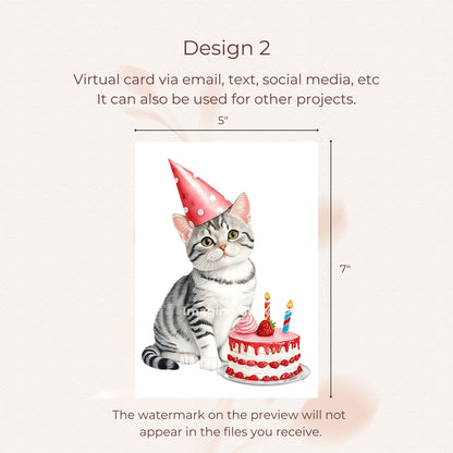 Printable birthday greeting card with an American Shorthair cat illustration.