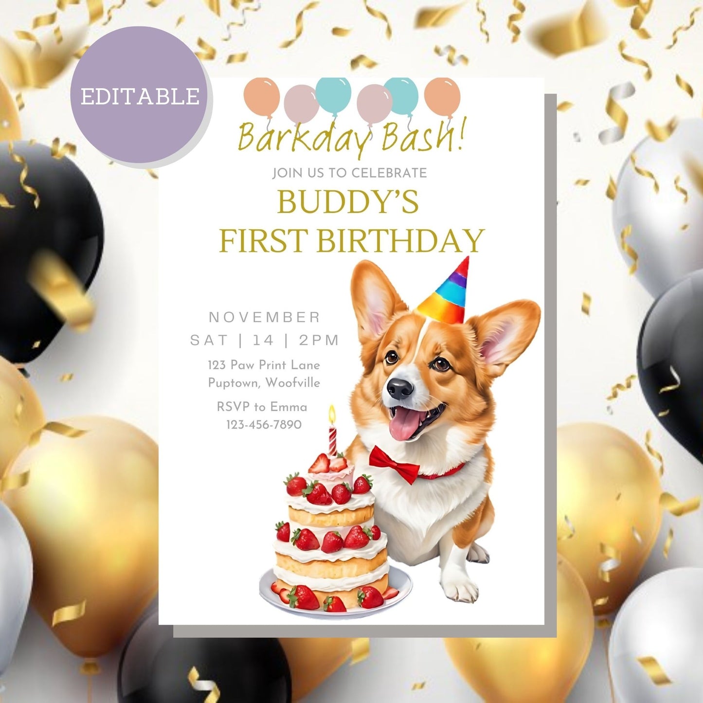 Fun birthday invitation featuring a Welsh Corgi, ideal for celebrating your pet special day