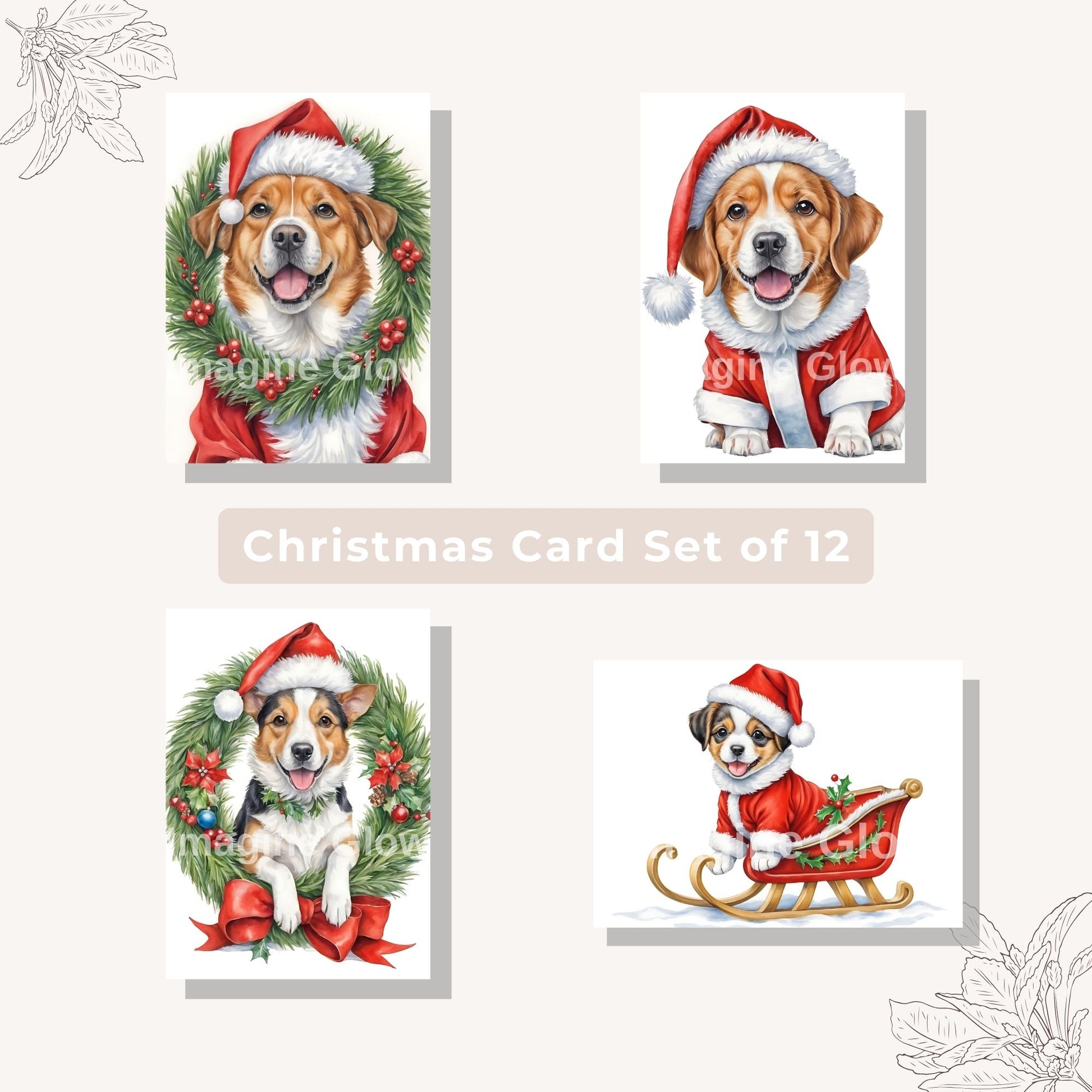 Printable card collection showcasing various dogs in Christmas settings