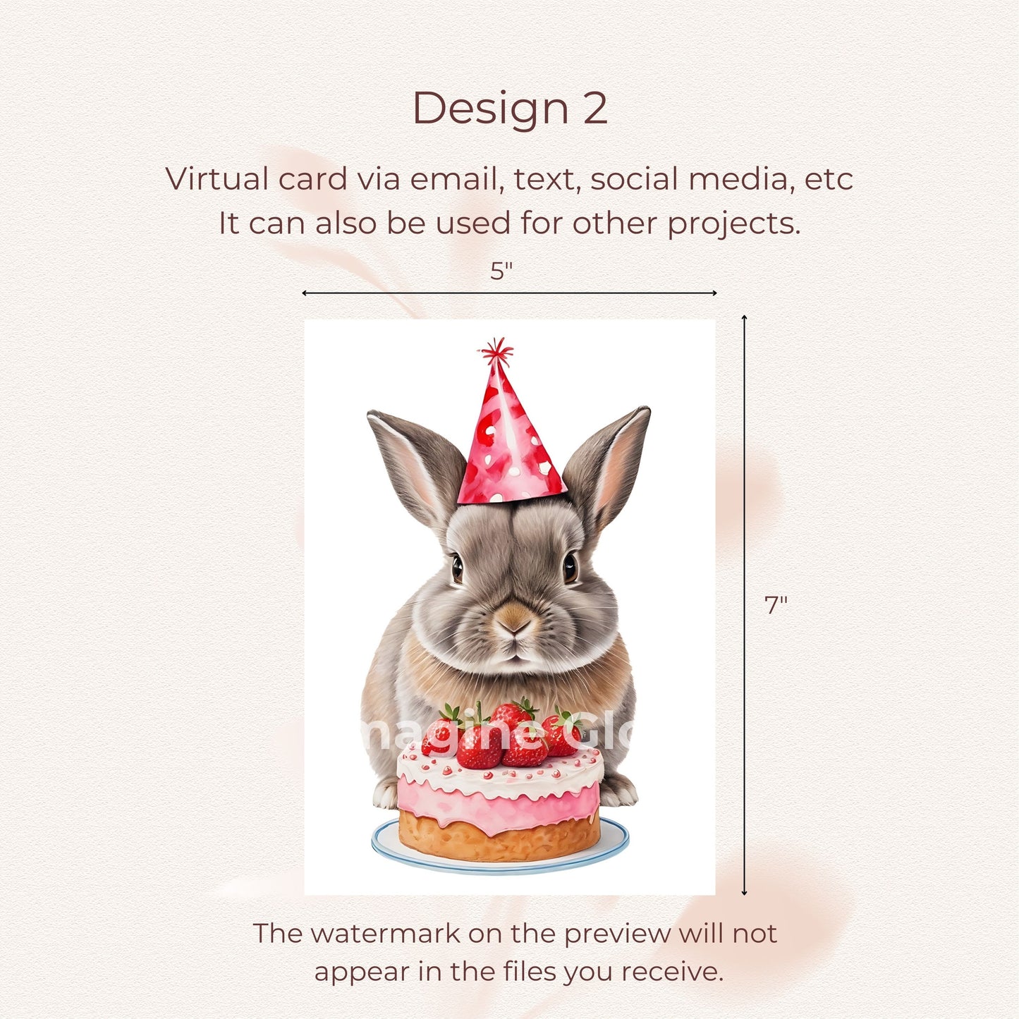 Digital download birthday card featuring a charming rabbit design.