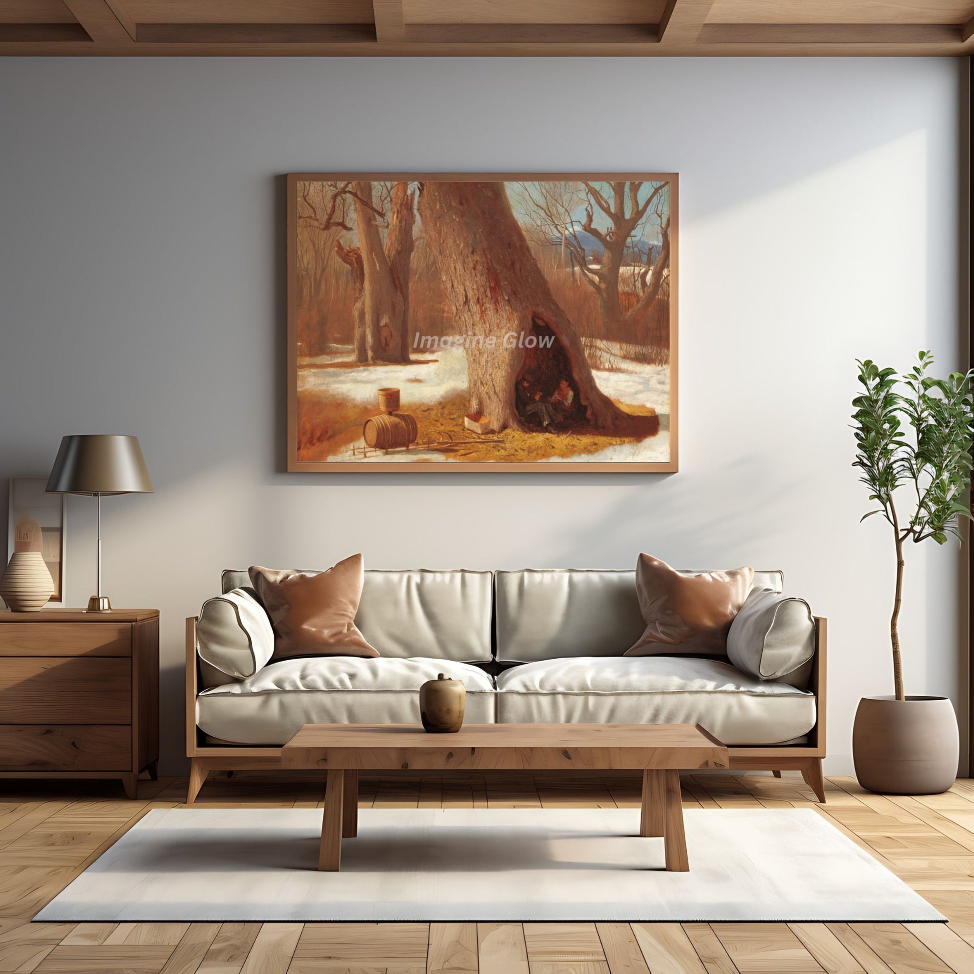 Printable wall art of boys in a tree cave, adding a vintage touch to your decor.