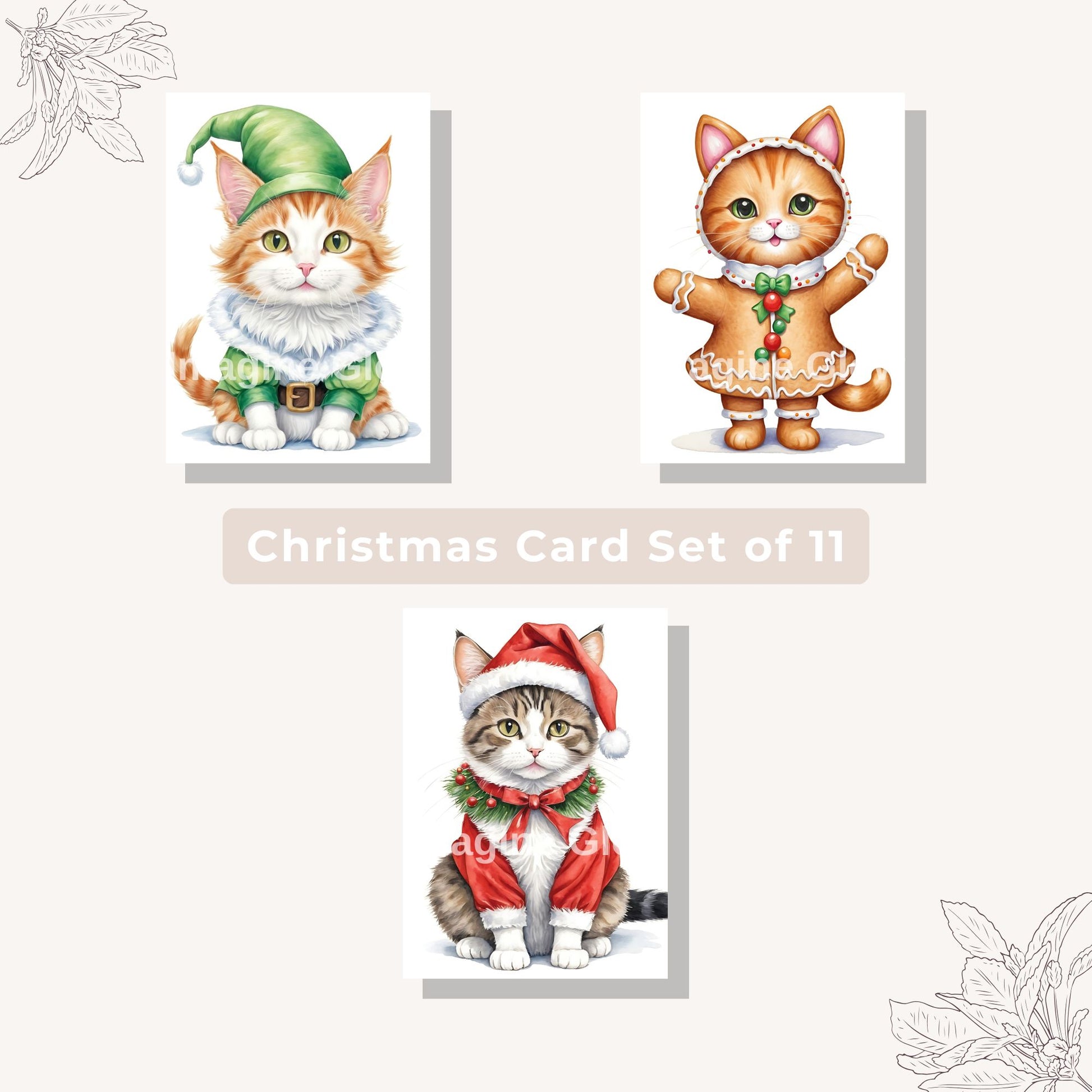 Cat-themed Christmas card set for pet lovers, available as a digital download.
