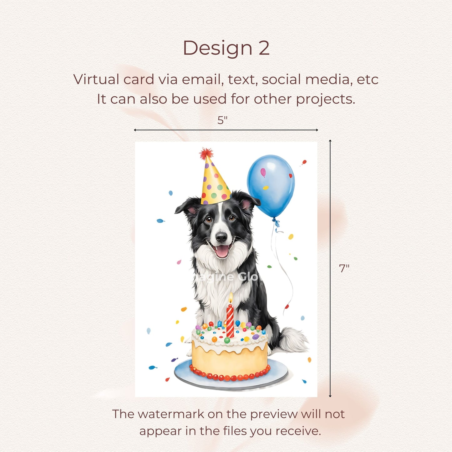 Charming birthday card with a Border Collie dog illustration.