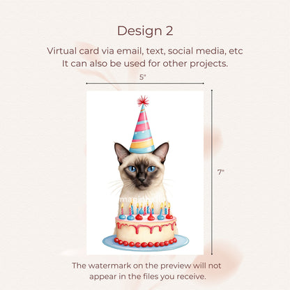 Charming Siamese cat birthday card ready for your message