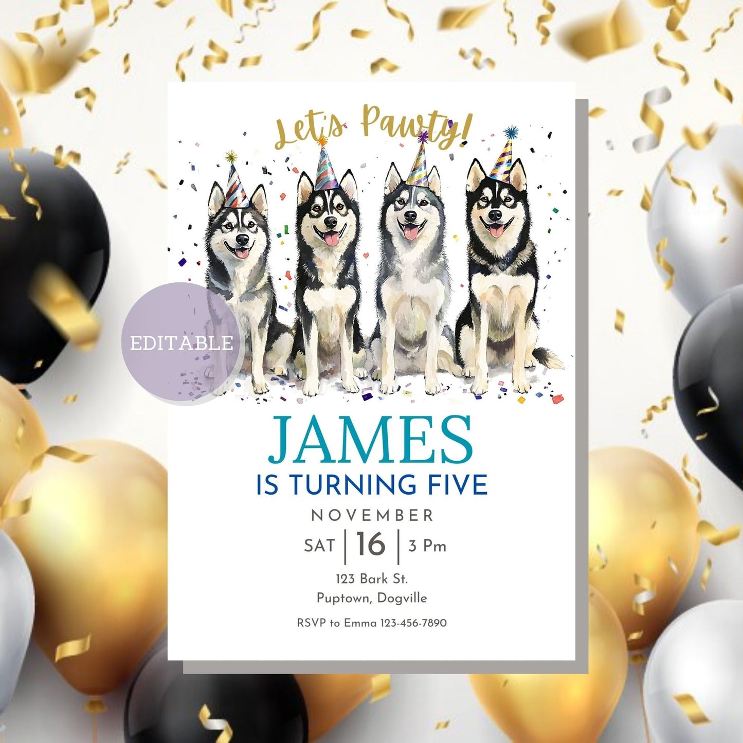 Digital download Siberian Husky birthday invitation template for dog lovers.