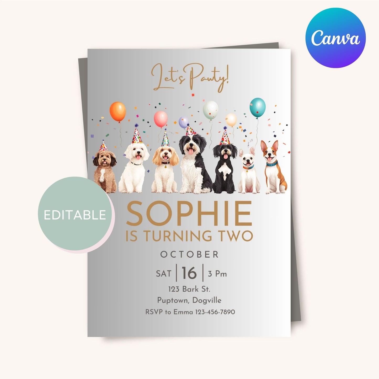 Personalized dog-themed birthday invitation, editable in Canva