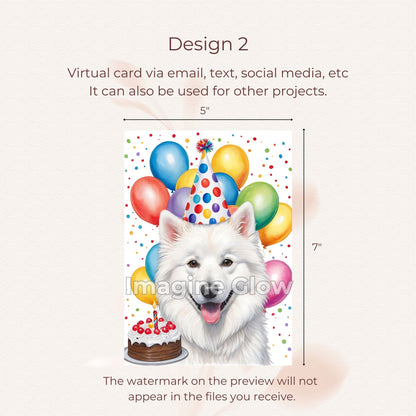 Digital birthday greeting card with an American Eskimo dog illustration.