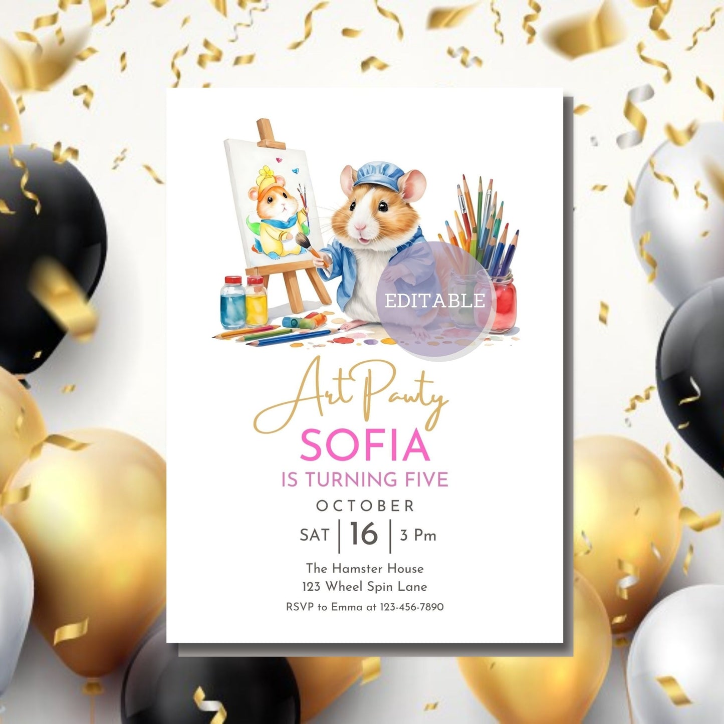 Customizable Art-themed Birthday Invitation with hamster illustration.