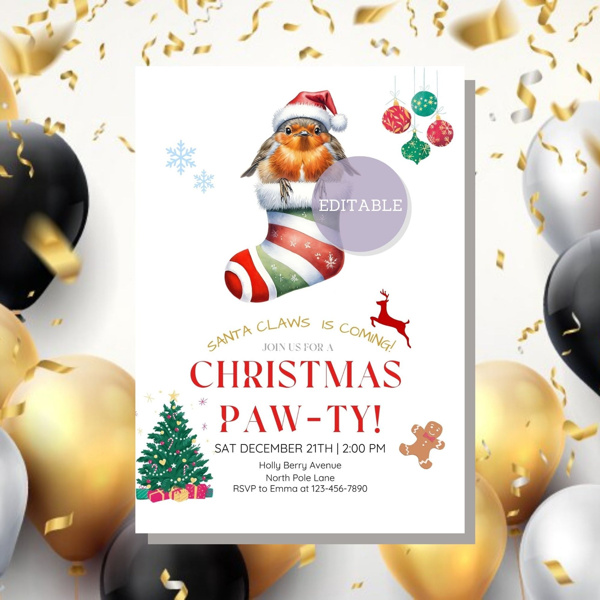 Printable robin-themed Christmas invitation template in Canva
