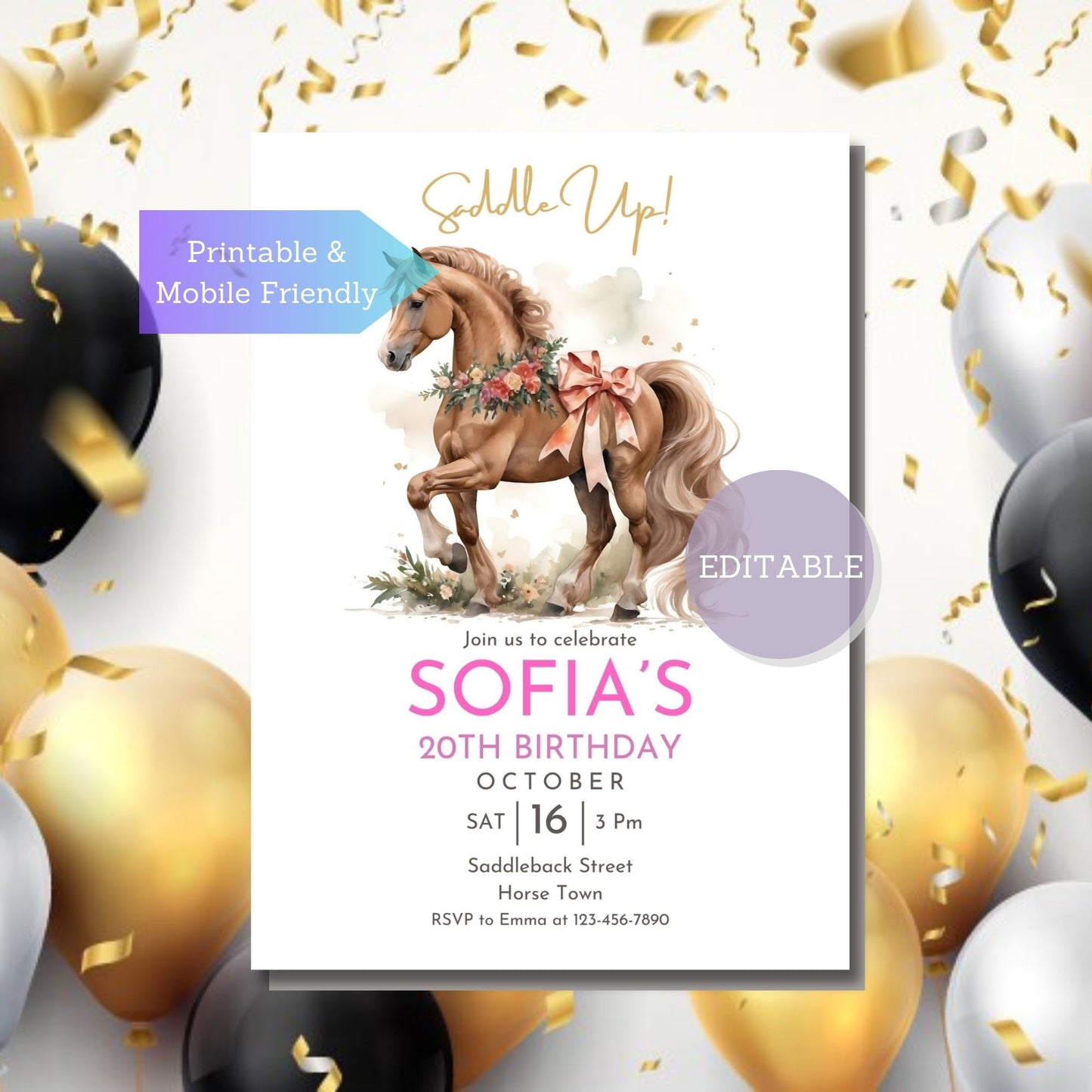 Printable & mobile horse invitation for birthday parties.