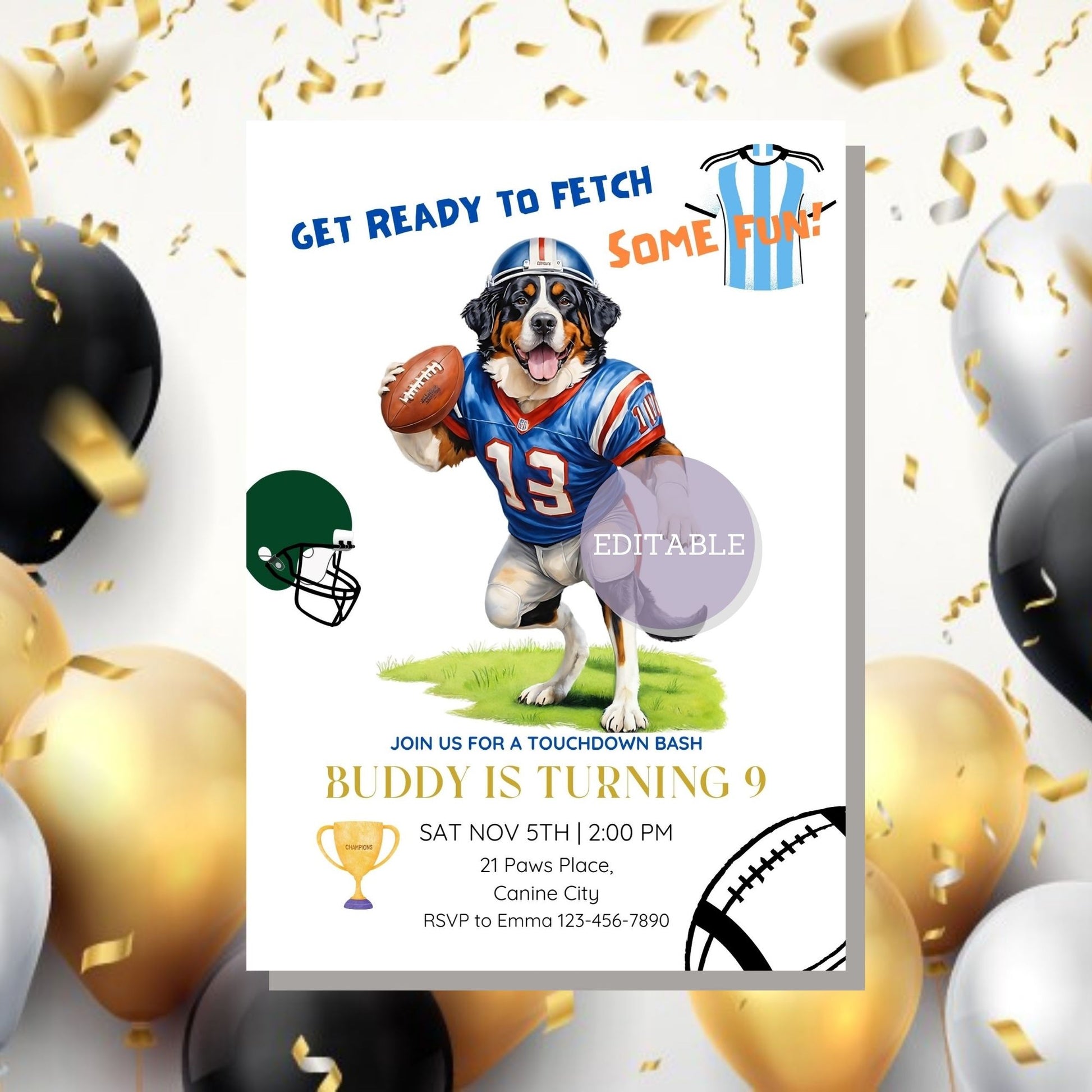 Fun kid’s birthday party invitation featuring a Bernese Mountain Dog
