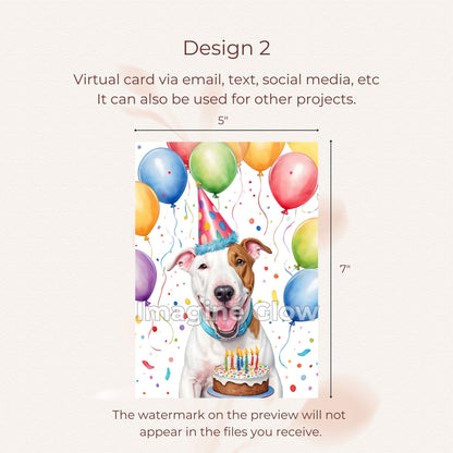 Cute Bull Terrier dog on a printable birthday card for special greetings.