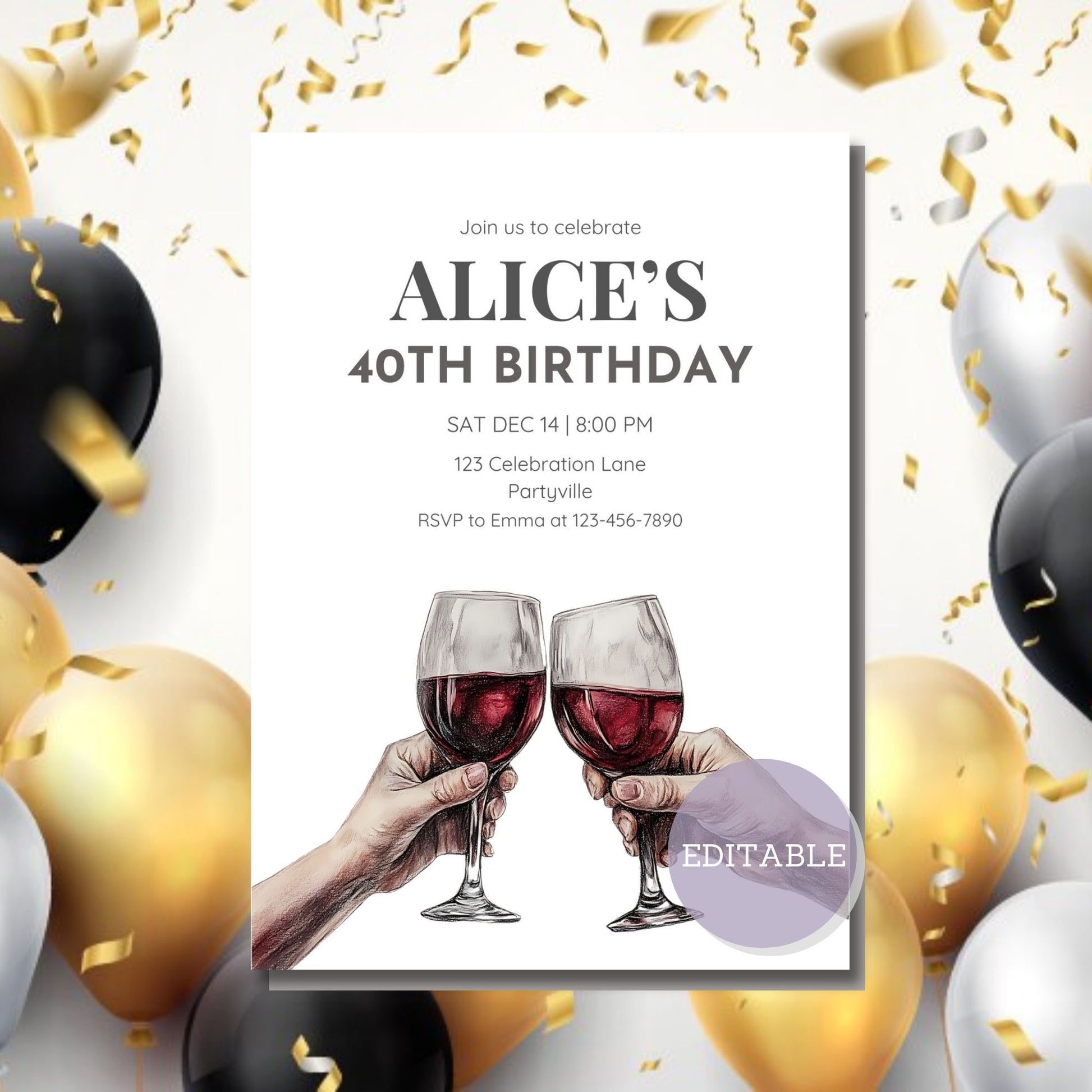 Customizable red wine birthday party invite template, for print and mobile.