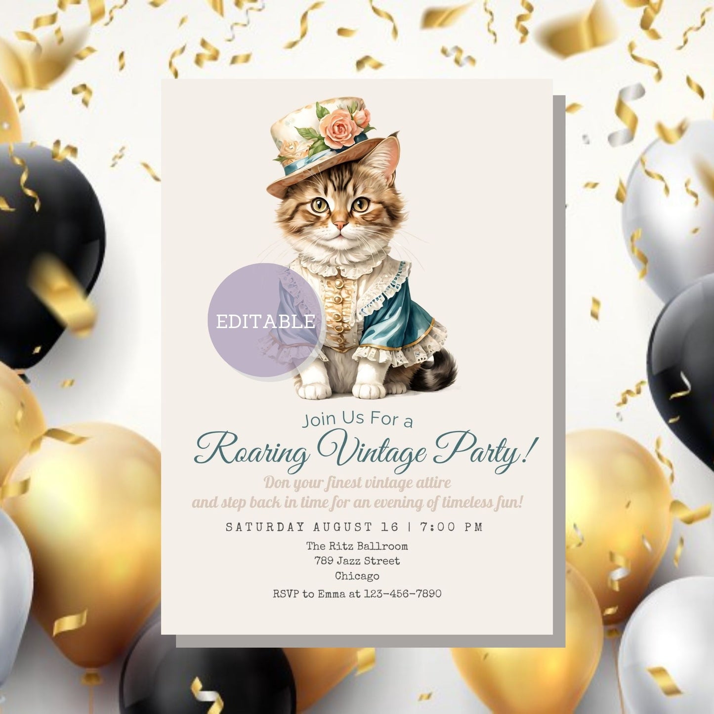 Charming vintage-themed invitation template featuring adorable kittens for a fun celebration.