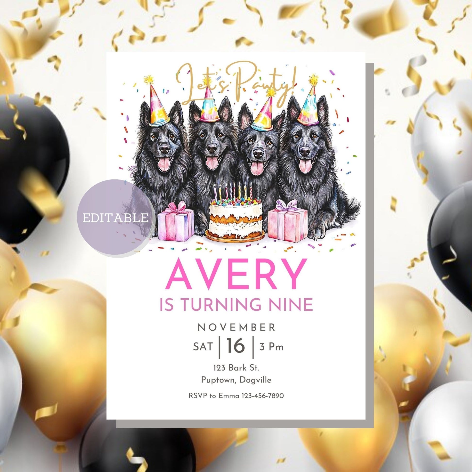 Printable Belgian Sheepdog birthday party invitation, digital download.