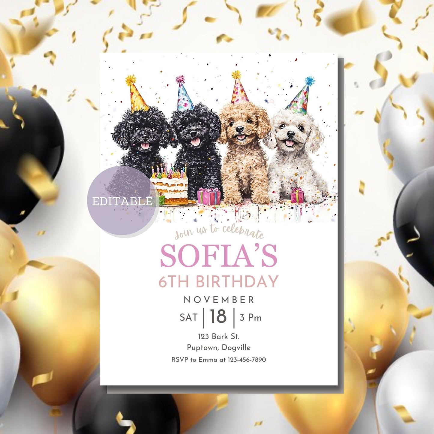 Toy Poodle dog party invitation for a fun and personalized birthday celebration.