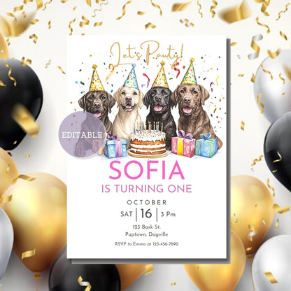 Editable dog birthday invitation with Labrador Retriever design in Canva.