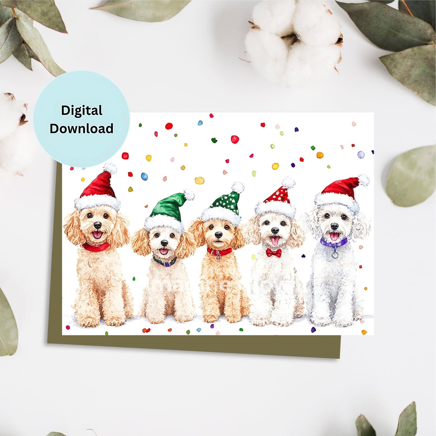 Festive Poodle Dogs Christmas card with holiday decorations