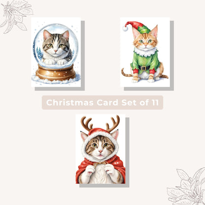 Set of 10 festive cat-themed Christmas cards for holiday greetings.
