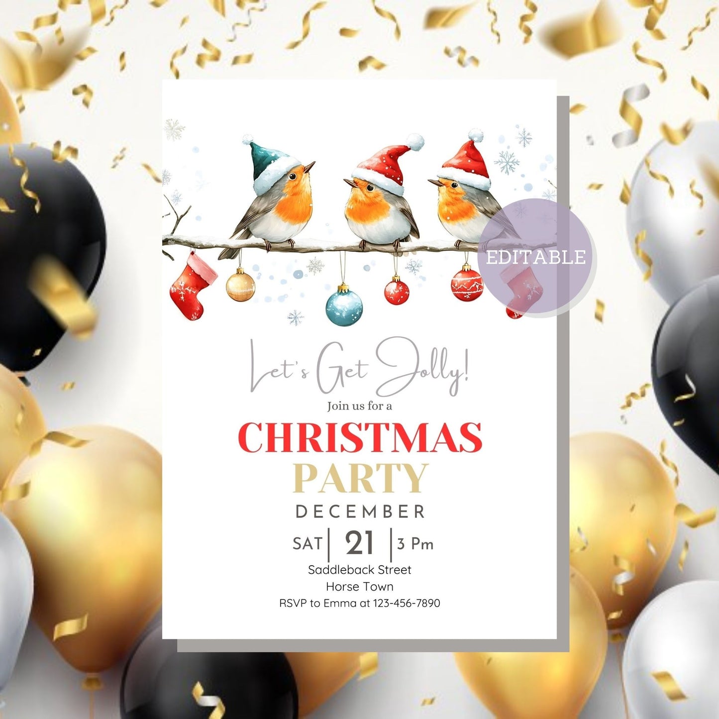 Editable festive invitation featuring adorable robins for Christmas celebrations