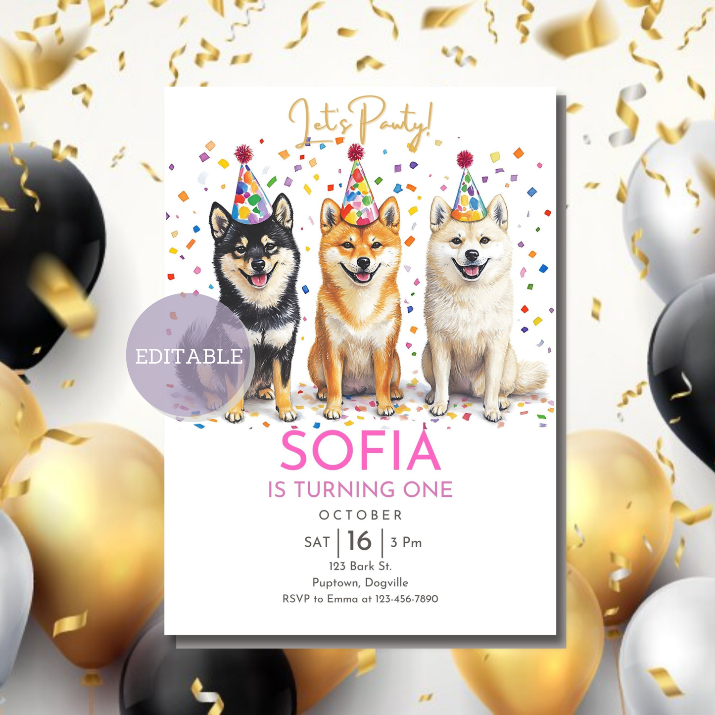 Printable Shiba Inu-themed birthday party invitation.