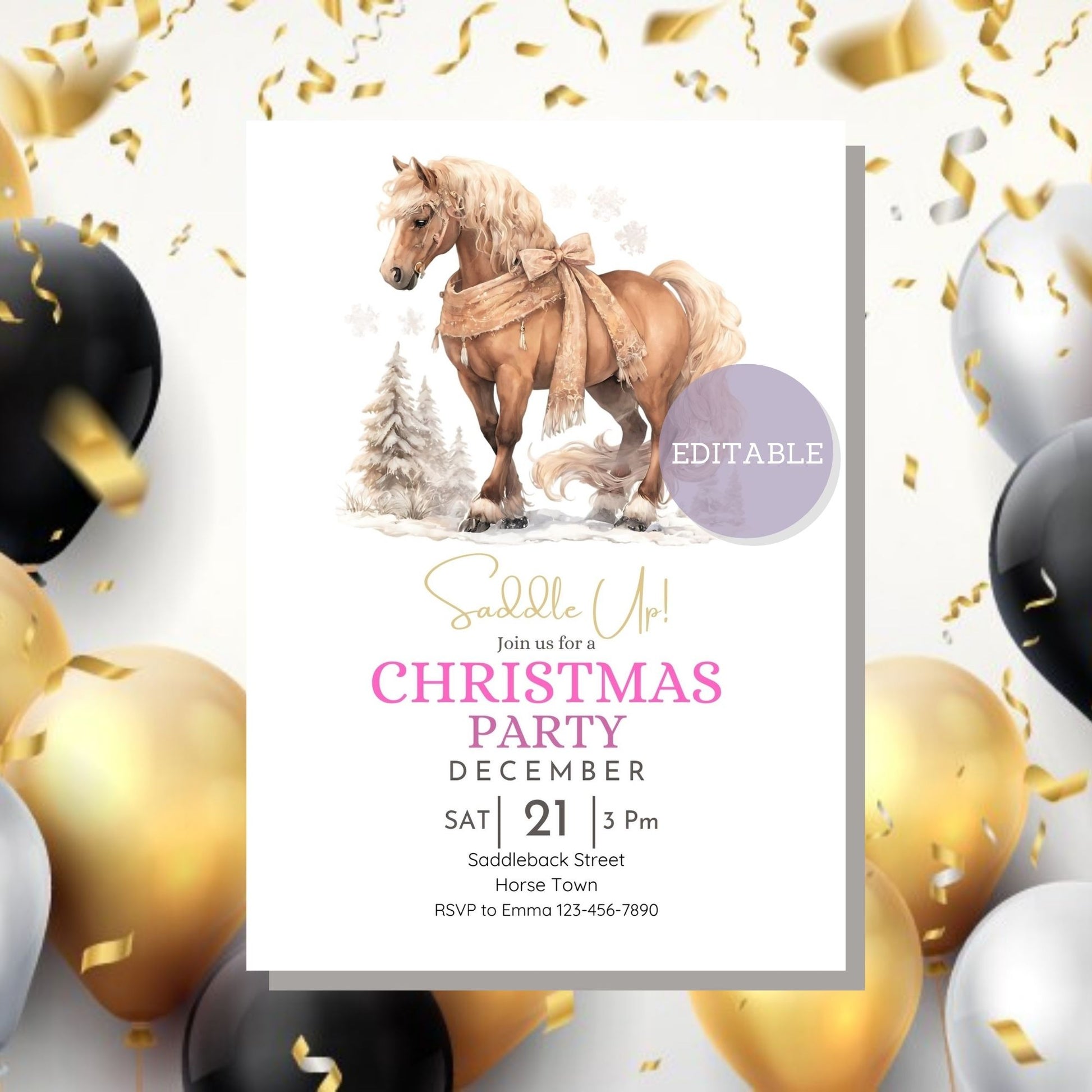 Festive horse Christmas invitation customizable in Canva for unique holiday parties