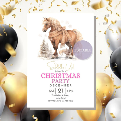 Festive horse Christmas invitation customizable in Canva for unique holiday parties