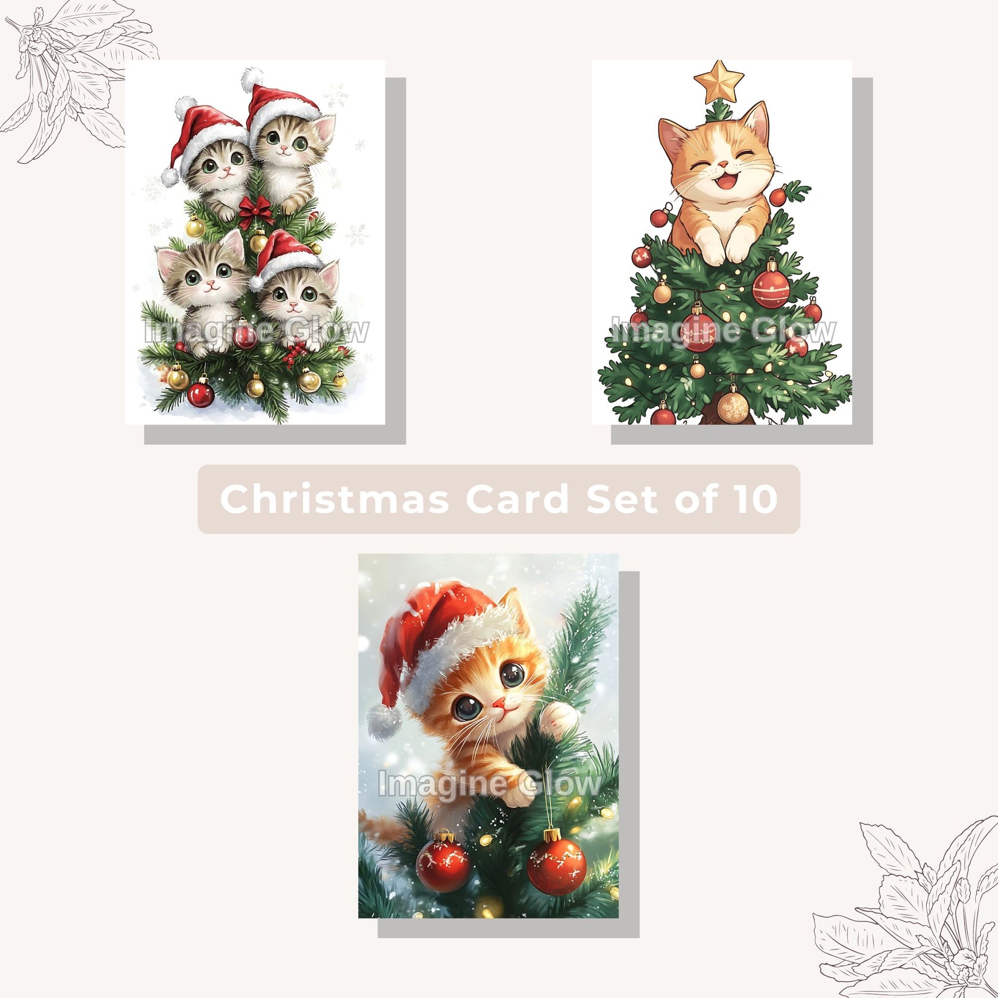 Set of 10 Cat Christmas cards in festive design, perfect for holiday greetings.