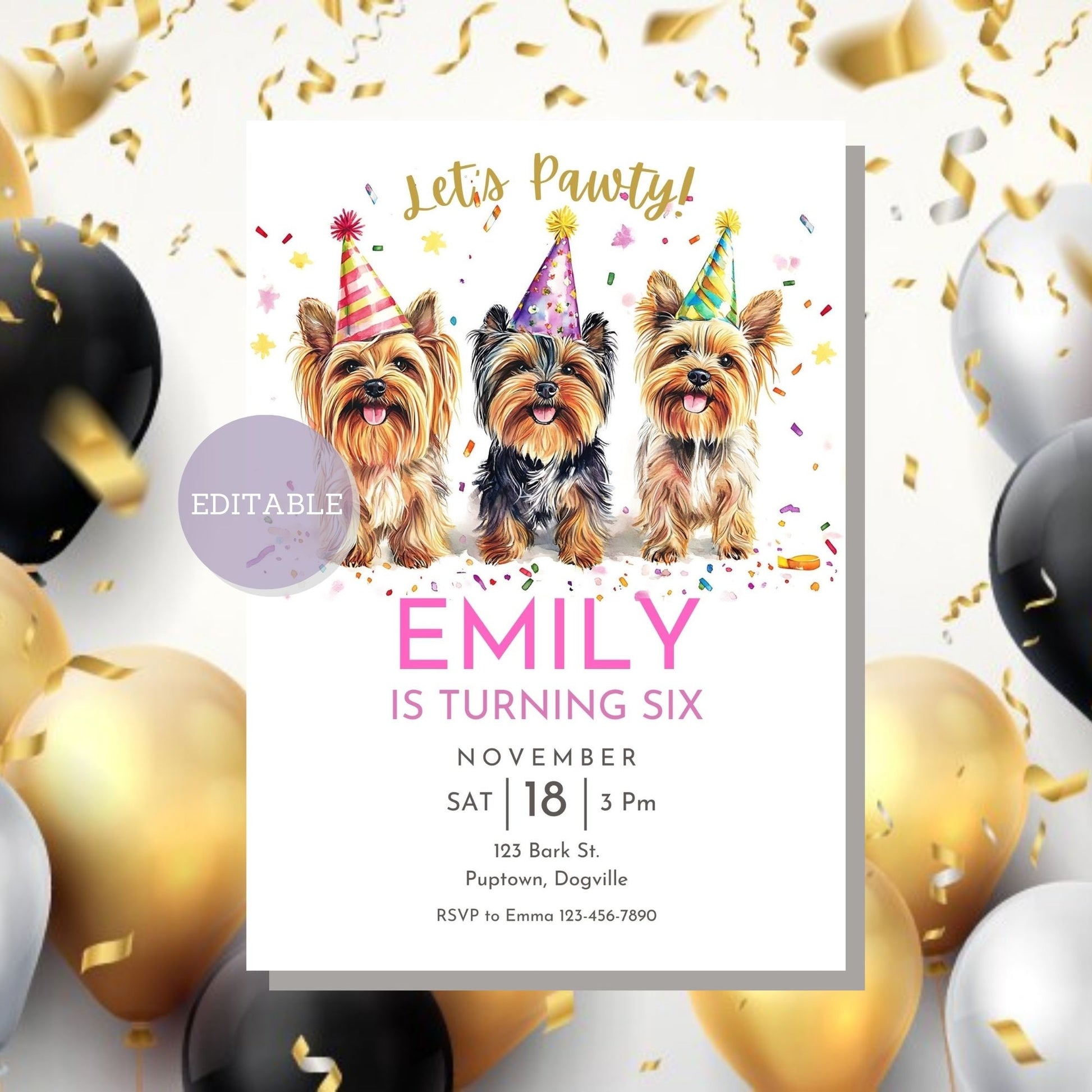 Digital download Yorkshire Terrier birthday invitation template for dog lovers.