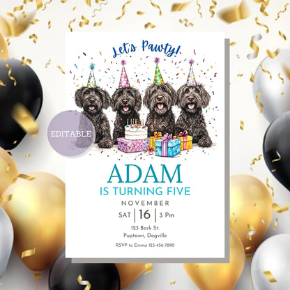 Personalized birthday invitation template with a Wirehaired Pointing Griffon design, available as a digital download.