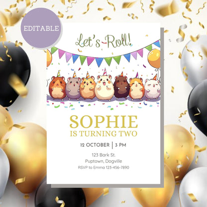 Fun birthday invitation featuring a hamster, ideal for celebrating your pet special day