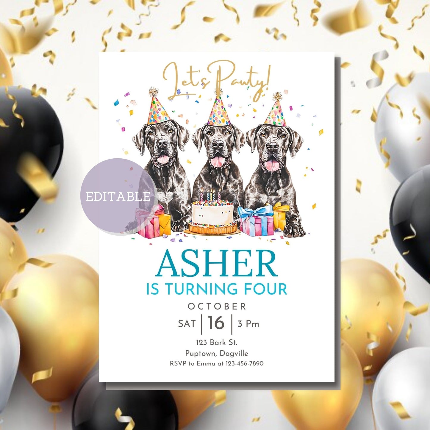 Printable & mobile Great Dane party invitation.