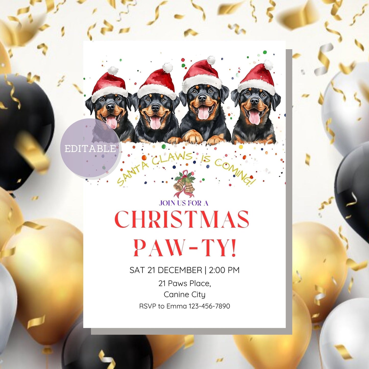 Printable Rottweiler-themed Christmas party invitation, ideal for holiday parties and family events.