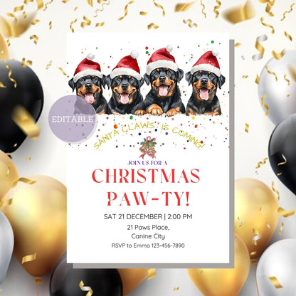 Printable Rottweiler-themed Christmas party invitation, ideal for holiday parties and family events.