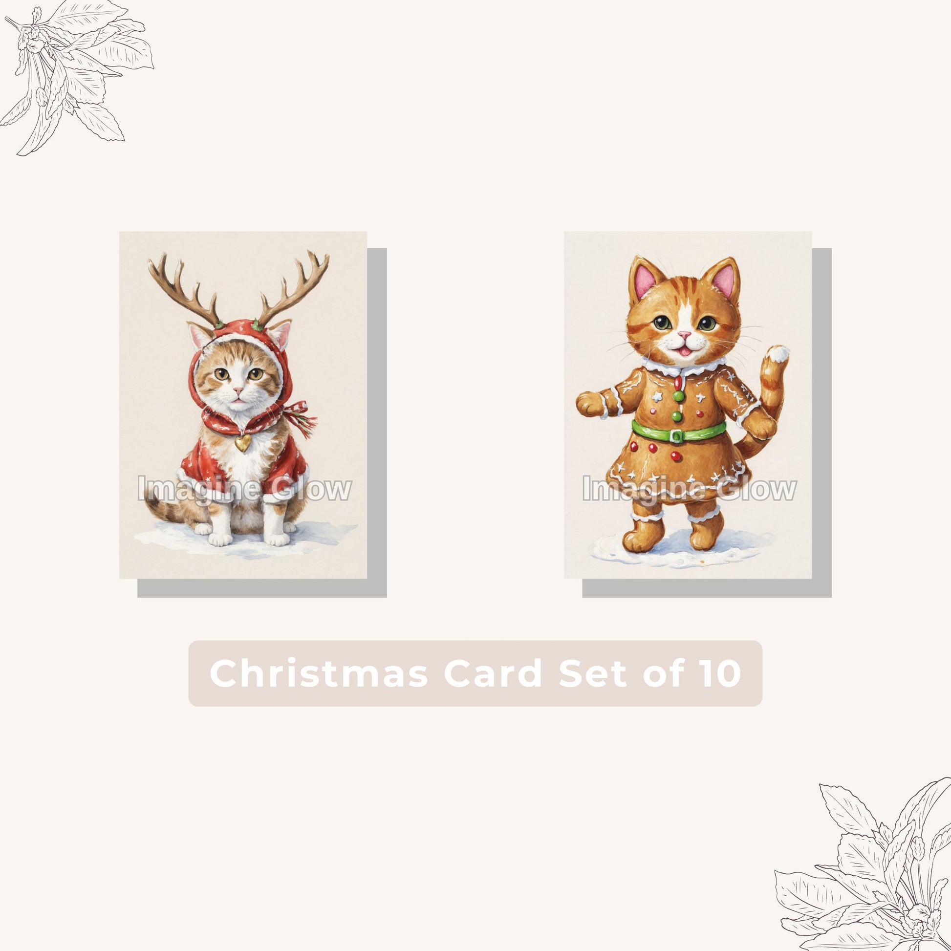 Printable holiday card set of 10 featuring cats in adorable costume A.