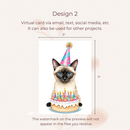 Charming Siamese cat birthday card ready for your message