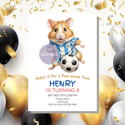 Customizable Canva invitation for a hamster-themed soccer party.