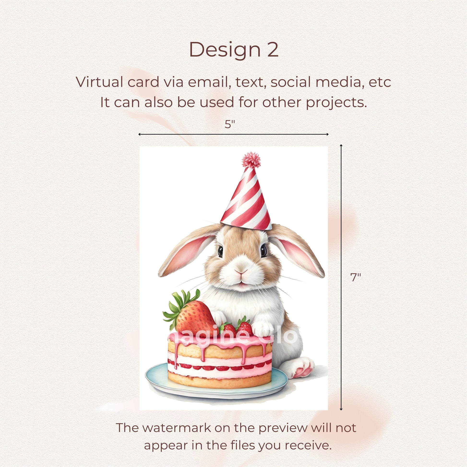 Digital download birthday card featuring a charming rabbit design.