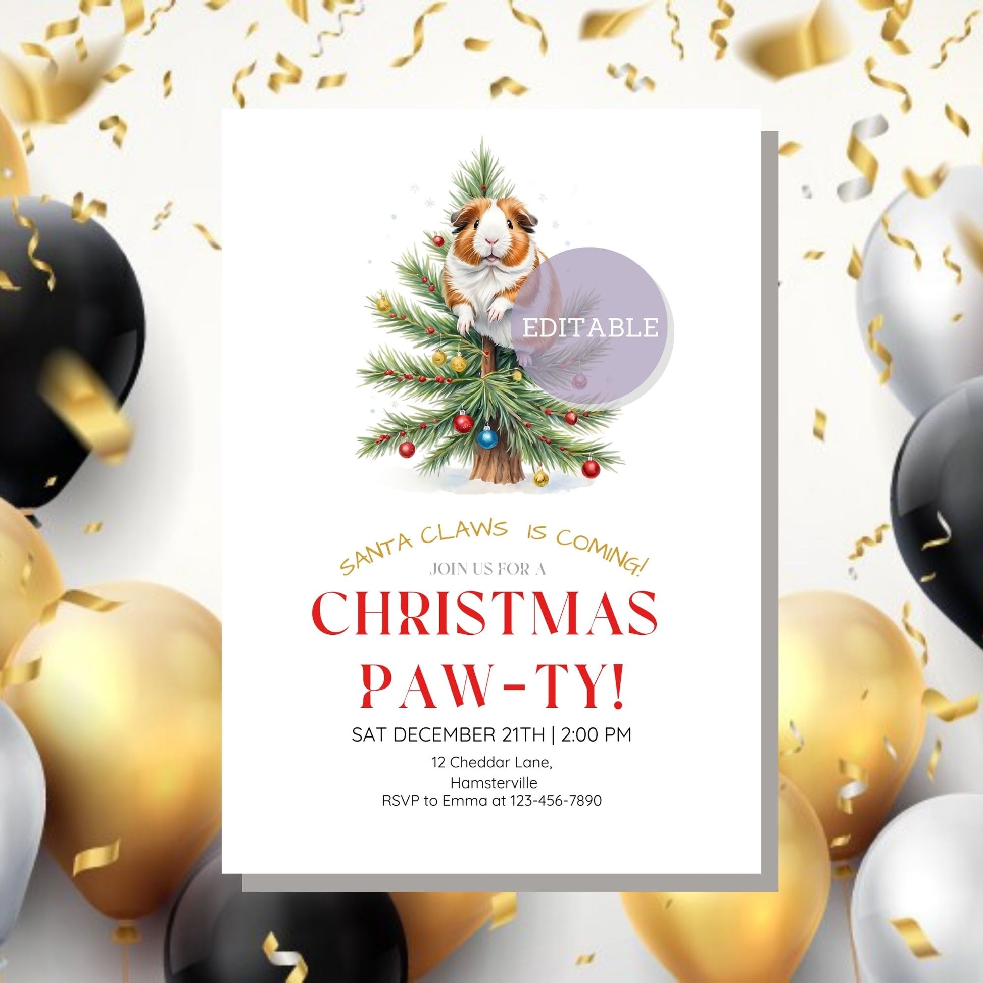 Festive Guinea Pig Christmas Party Invite with Editable Text and Design