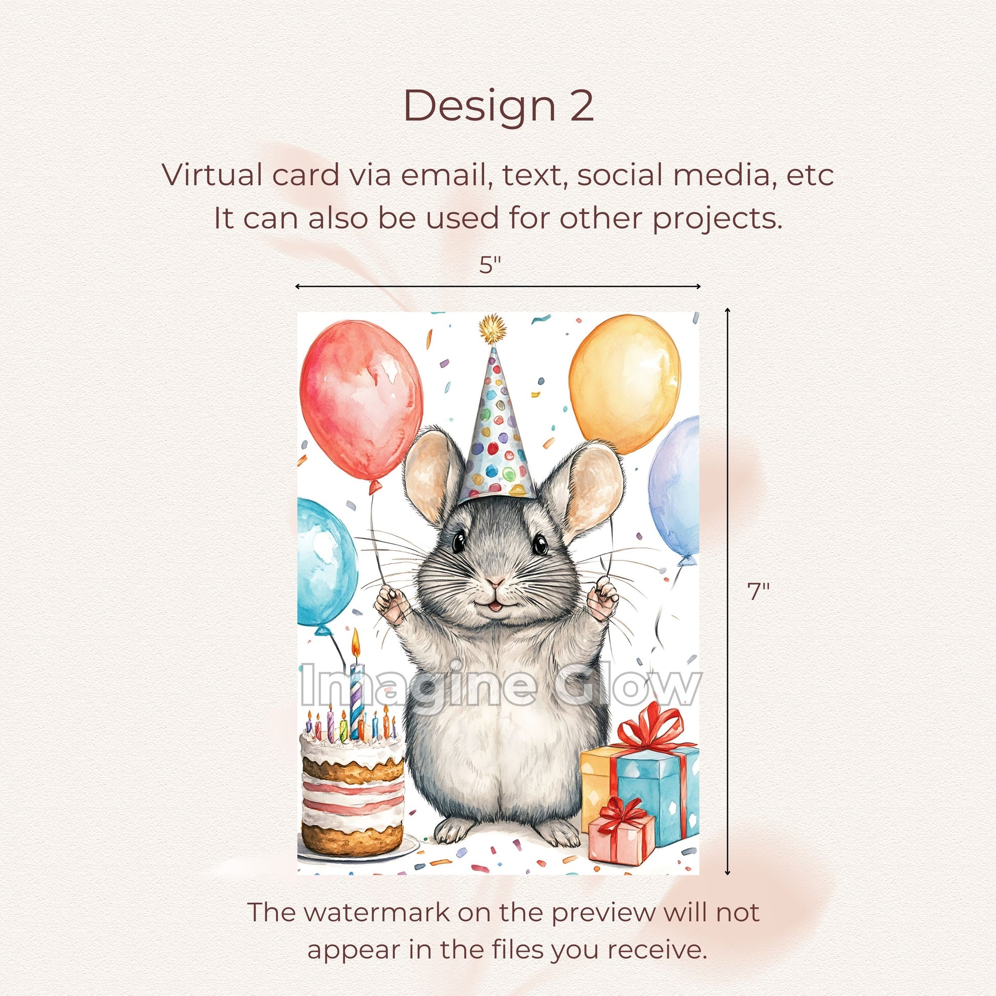 Celebration card showcasing a chinchilla, instant digital download for easy printing.