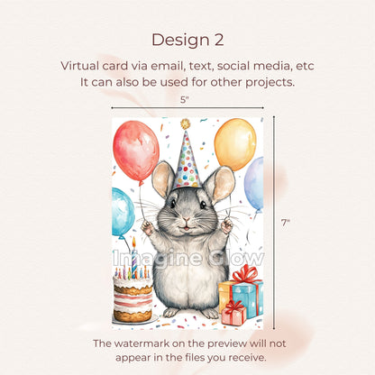 Celebration card showcasing a chinchilla, instant digital download for easy printing.