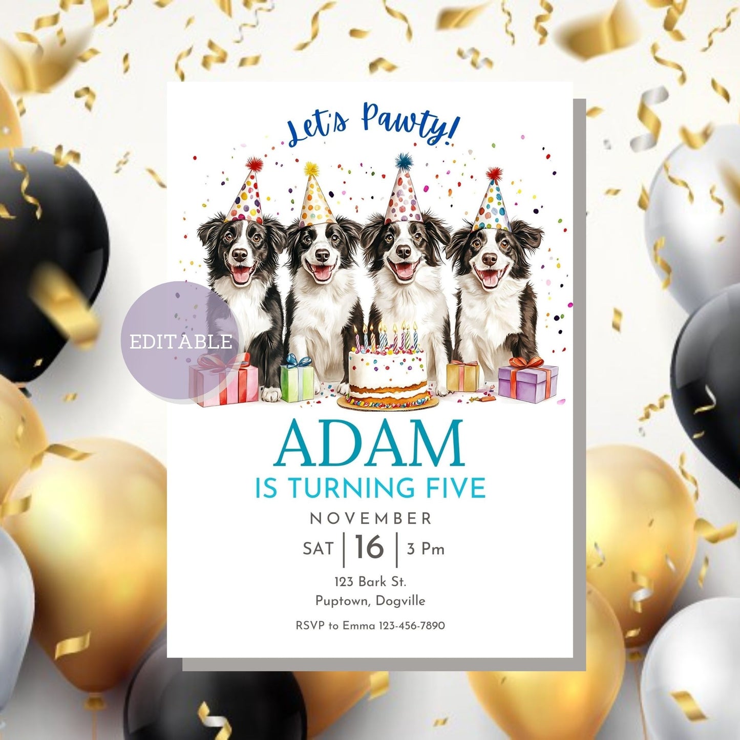 Editable birthday invite featuring a Border Collie design.