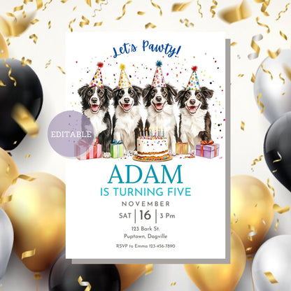 Editable birthday invite featuring a Border Collie design.