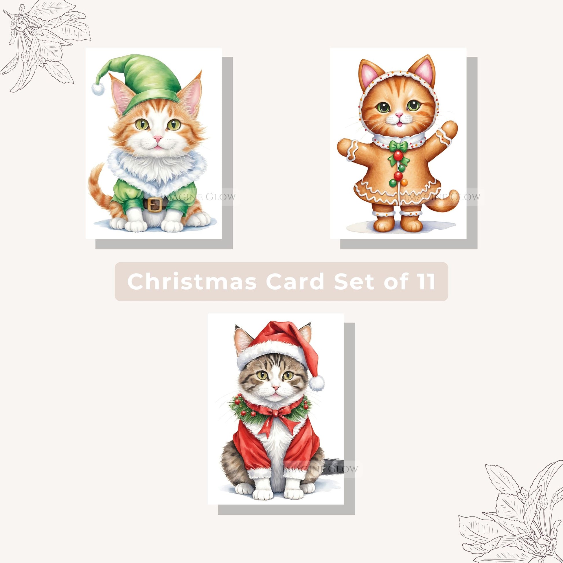 Cat-themed Christmas card set for pet lovers, available as a digital download.