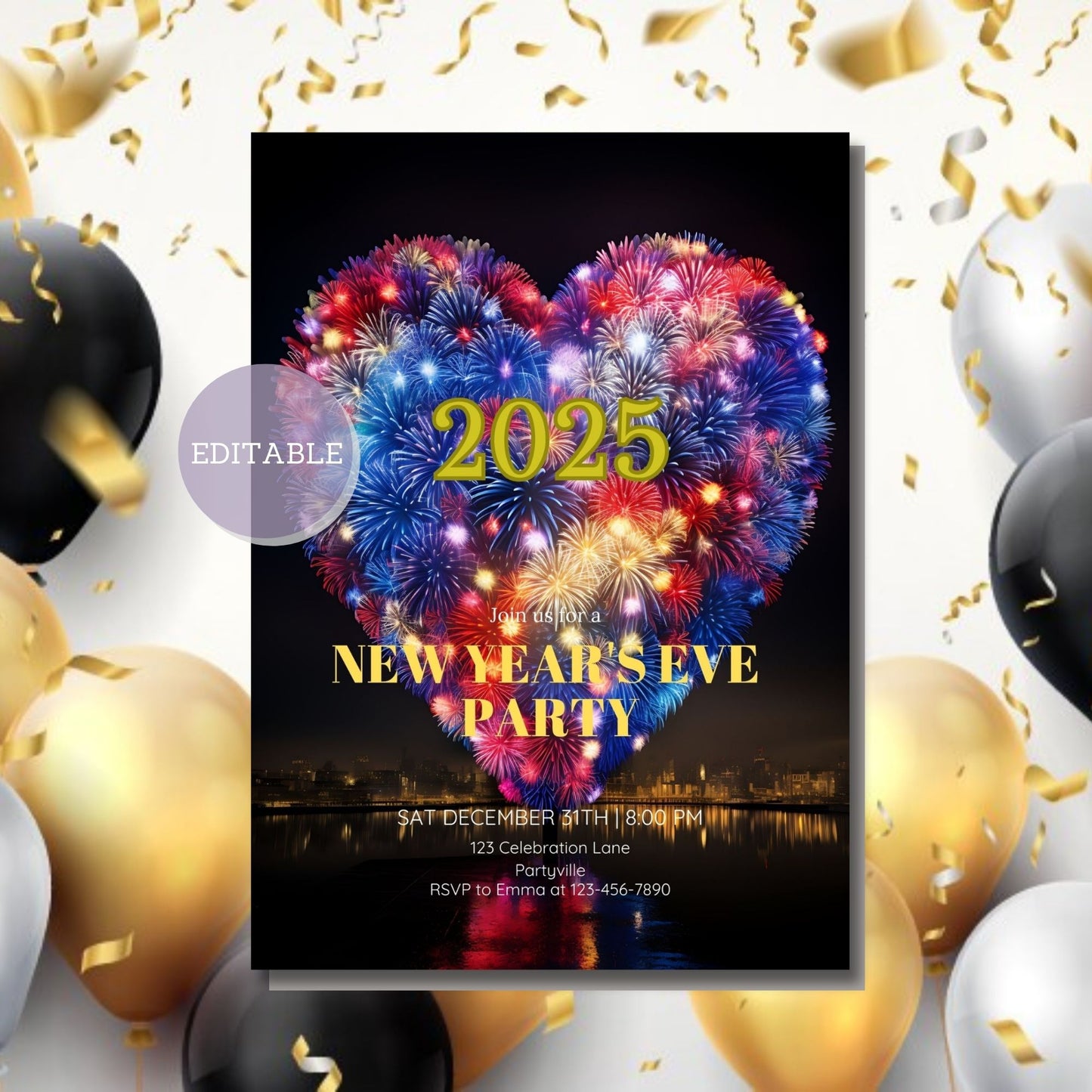 Digital Download Fireworks New Year's Eve Invitation Template