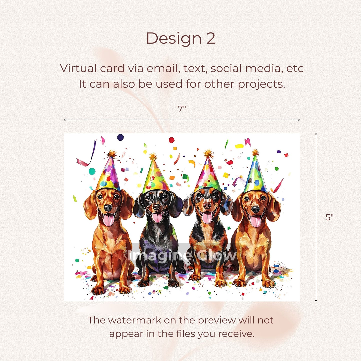 Celebration card showcasing a dachshund, available as an instant digital download.