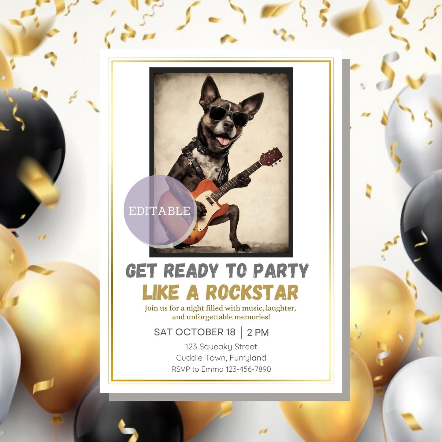 Customizable Music Party Invitation Featuring a Rock and Roll Dog - Instant Download and Editable in Canva